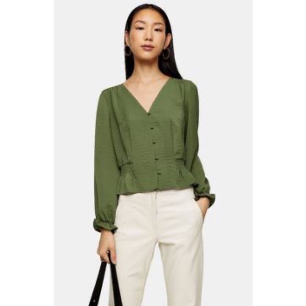 Top Shop Women’s Sage Green Button Up Blouse Long Bell Sleeve Size 4